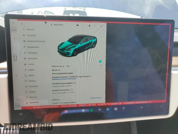 2021 Tesla Model S Long Range с VIN 5YJSA1E50MF452893, выставлен на аукционе Copart как лот 54139865 с пробегом 56 410 миль миль и Списание • Salvage title. История ставок и продаж доступна на DreamBid. Изображение 9.