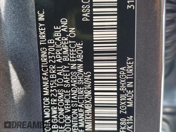 2022 Toyota C-HR XLE z VIN NMTKHMBX2NR140945, wystawiony jako Copart lot #58809375 z przebiegiem 56 161 mil mil oraz Nie do naprawy • Non repairable. Historia ofert i sprzedaży dostępna na DreamBid. Obrazek 14.