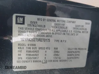 2009 Cadillac Escalade ESV z VIN 1GYFK26279R270175, wystawiony jako IAAI lot #42349456 z przebiegiem 189 172 mil mil oraz . Historia ofert i sprzedaży dostępna na DreamBid. Obrazek 9.