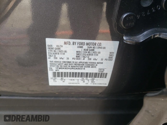 2024 Ford Explorer XLT with VIN 1FMSK8DH2RGA60315, listed as a Copart auction lot 52182105 with 0 mi miles and Clean Title. Bid and sale history available at carsss.com. Image 13.