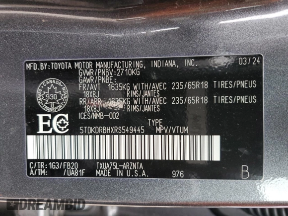 2024 Toyota Highlander LE with VIN 5TDKDRBHXRS549445, listed as a Copart auction lot 49870705 with 76,866 mi miles and Salvage title. Bid and sale history available at DreamBid. Image 14.