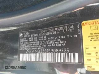 2005 BMW 5 Series 545i with VIN WBANB33515B089725, listed as a IAAI auction lot 41504335 with 117,657 mi miles and . Bid and sale history available at carsss.com. Image 9.