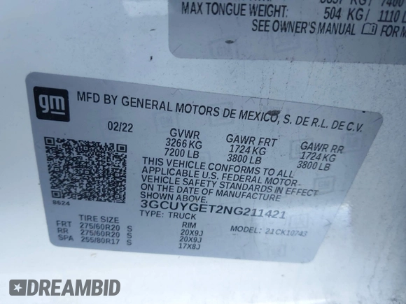 2022 Chevrolet Silverado 1500 LTZ with VIN 3GCUYGET2NG211421, listed as a IAAI auction lot 41349563 with 78,940 mi miles and . Bid and sale history available at DreamBid. Image 9.