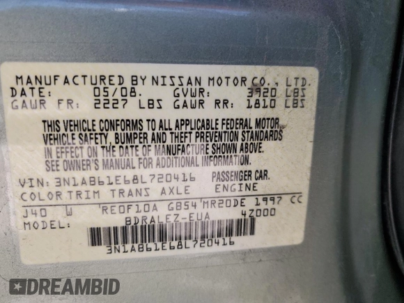 2008 Nissan Sentra S with VIN 3N1AB61E68L720416, listed as a Copart auction lot 60808885 with 167,556 mi miles and Salvage title. Bid and sale history available at DreamBid. Image 12.