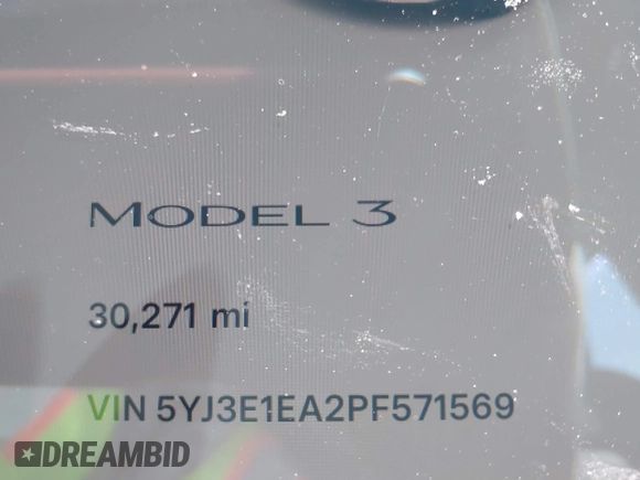 2023 Tesla Model 3 with VIN 5YJ3E1EA2PF571569, listed as a IAAI auction lot 42288715 with 30,271 mi miles and . Bid and sale history available at DreamBid. Image 15.