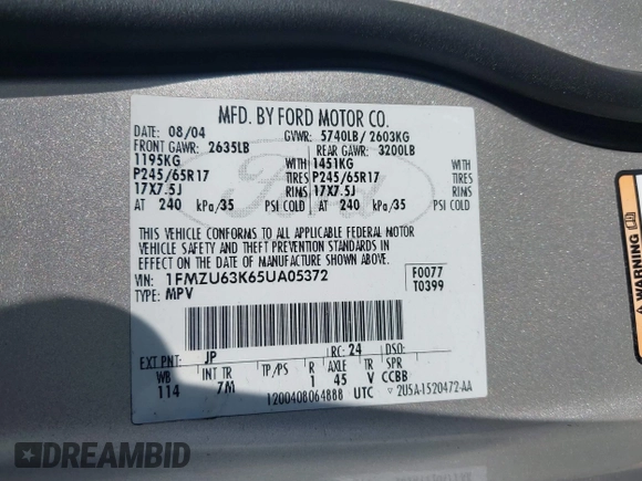 2005 Ford Explorer XLT с VIN 1FMZU63K65UA05372, выставлен на аукционе IAAI как лот 42191399 с пробегом 138 568 миль миль и . История ставок и продаж доступна на DreamBid. Изображение 9.