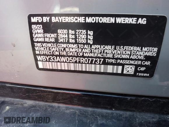 2023 BMW i4 M50 with VIN WBY33AW05PFR07737, listed as a Copart auction lot 44055154 with 9,252 mi miles and Salvage Title. Bid and sale history available at carsss.com. Image 12.