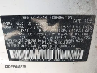 2021 Subaru Outback Touring with VIN 4S4BTAPC1M3223492, listed as a IAAI auction lot 42626530 with 65,768 mi miles and . Bid and sale history available at DreamBid. Image 9.
