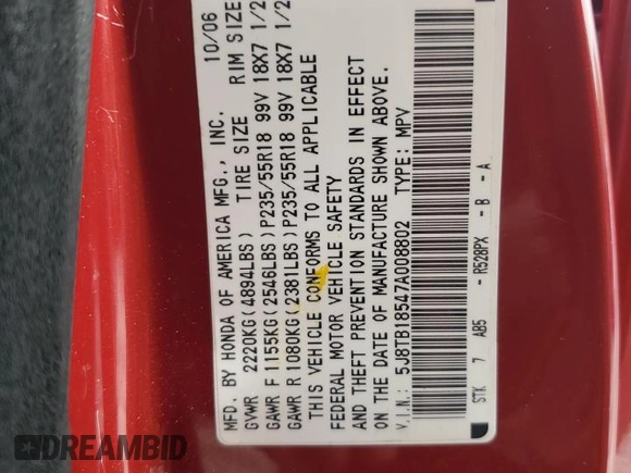 2007 Acura RDX Technology z VIN 5J8TB18547A008802, wystawiony jako Copart lot #55968235 z przebiegiem 108 575 mil mil oraz Szkoda całkowita • Salvage title. Historia ofert i sprzedaży dostępna na DreamBid. Obrazek 13.