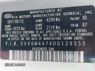 2013 Kia Optima LX with VIN 5XXGM4A74DG129353, listed as a IAAI auction lot 42035909 with 140,315 mi miles. Bid and sale history available at carsss.com. Image 9.