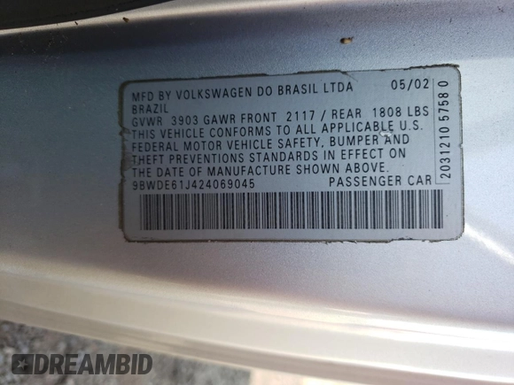 2002 Volkswagen GTI z VIN 9BWDE61J424069045, wystawiony jako Copart lot #67690134 z przebiegiem 185 701 mil mil oraz Nie do naprawy • Non repairable. Historia ofert i sprzedaży dostępna na DreamBid. Obrazek 13.