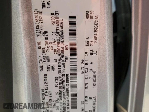 2014 Ford Escape Titanium with VIN 1FMCU9J95EUD18808, listed as a Copart auction lot 52397845 with 136,441 mi miles and Salvage Title. Bid and sale history available at carsss.com. Image 13.