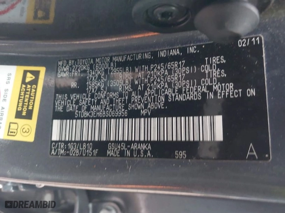 2011 Toyota Highlander with VIN 5TDBK3EH6BS069956, listed as a IAAI auction lot 41551979 with 140,233 mi miles. Bid and sale history available at carsss.com. Image 9.