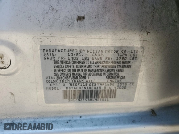2021 Nissan Versa SR with VIN 3N1CN8FV8ML925511, listed as a Copart auction lot 60705055 with 144,471 mi miles and Salvage title. Bid and sale history available at DreamBid. Image 12.