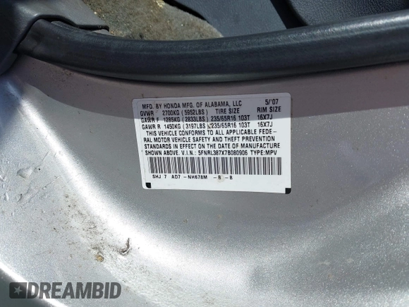 2007 Honda Odyssey EX-L with VIN 5FNRL387X7B080906, listed as a IAAI auction lot 41910061 with 229,717 mi miles and . Bid and sale history available at DreamBid. Image 9.