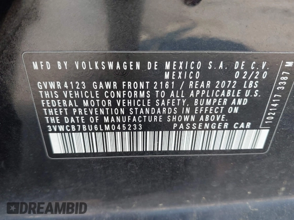 2020 Volkswagen Jetta S with VIN 3VWCB7BU6LM045233, listed as a IAAI auction lot 42686599 with 46,496 mi miles and . Bid and sale history available at DreamBid. Image 9.