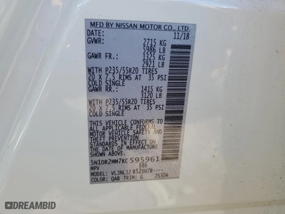 2019 Nissan Pathfinder S with VIN 5N1DR2MM7KC595961, listed as a Copart auction lot 50716175 with 107,677 mi miles and Salvage Title. Bid and sale history available at carsss.com. Image 12.