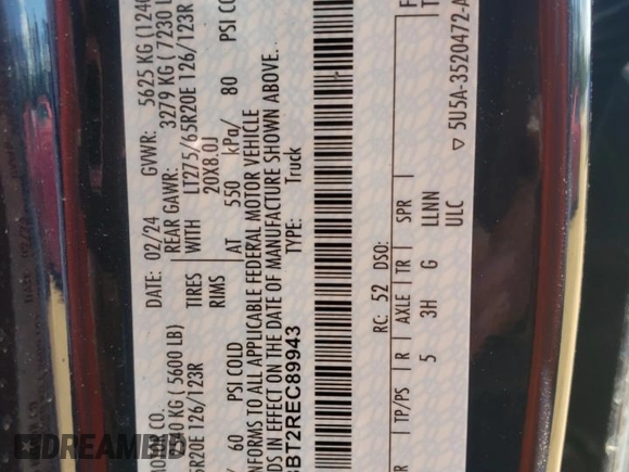 2024 Ford F-350 XL with VIN 1FT8W3BT2REC89943, listed as a Copart auction lot 56751645 with 1,758 mi miles and Salvage title. Bid and sale history available at DreamBid. Image 12.