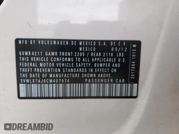 2012 Volkswagen Jetta SEL with VIN 3VWLX7AJ6CM407974, listed as a Copart auction lot 50757215 with 165,358 mi miles and Non repairable. Bid and sale history available at DreamBid. Image 12.