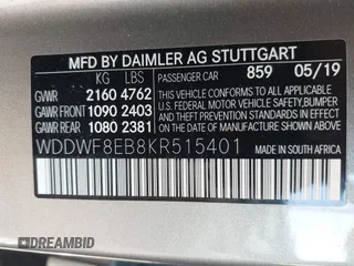 2019 Mercedes-Benz C 300 with VIN WDDWF8EB8KR515401, listed as a IAAI auction lot 41702180 with 54,107 mi miles and . Bid and sale history available at carsss.com. Image 9.