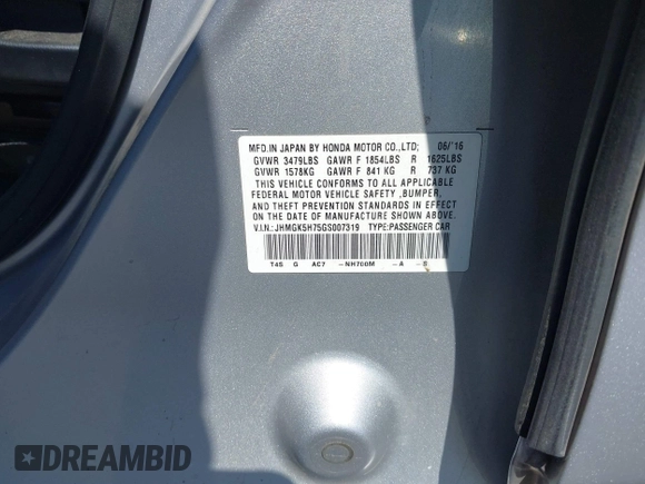 2016 Honda Fit EX with VIN JHMGK5H75GS007319, listed as a IAAI auction lot 41997587 with Not Provided miles and . Bid and sale history available at DreamBid. Image 9.