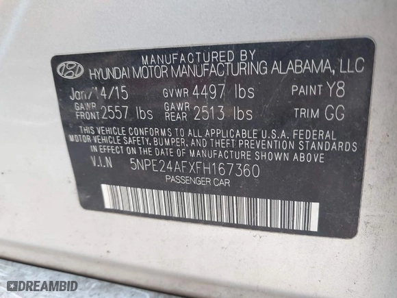 2015 Hyundai Sonata 2.4L SE with VIN 5NPE24AFXFH167360, listed as a IAAI auction lot 41959945 with 182,524 mi miles. Bid and sale history available at carsss.com. Image 9.