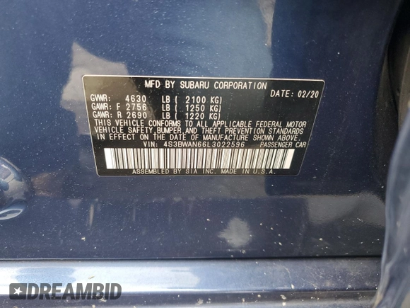 2020 Subaru Legacy Limited with VIN 4S3BWAN66L3022596, listed as a Copart auction lot 63056185 with 84,073 mi miles and Salvage title. Bid and sale history available at DreamBid. Image 12.