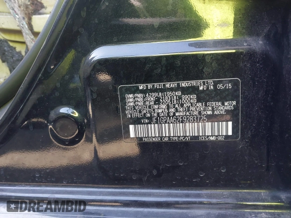 2015 Subaru Impreza 2.0i z VIN JF1GPAA62F9283725, wystawiony jako IAAI lot #41219196 z przebiegiem Nie podano mil oraz . Historia ofert i sprzedaży dostępna na DreamBid. Obrazek 9.