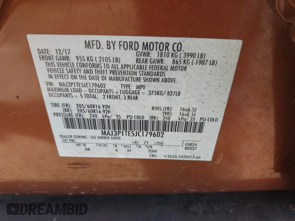 2018 Ford EcoSport SE z VIN MAJ3P1TE5JC179602, wystawiony jako IAAI lot #42235541 z przebiegiem 55 477 mil mil oraz . Historia ofert i sprzedaży dostępna na DreamBid. Obrazek 9.