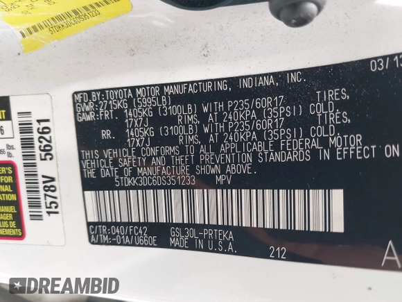 2013 Toyota Sienna LE AAS with VIN 5TDKK3DC6DS351233, listed as a IAAI auction lot 42652981 with 385,791 mi miles and . Bid and sale history available at DreamBid. Image 9.