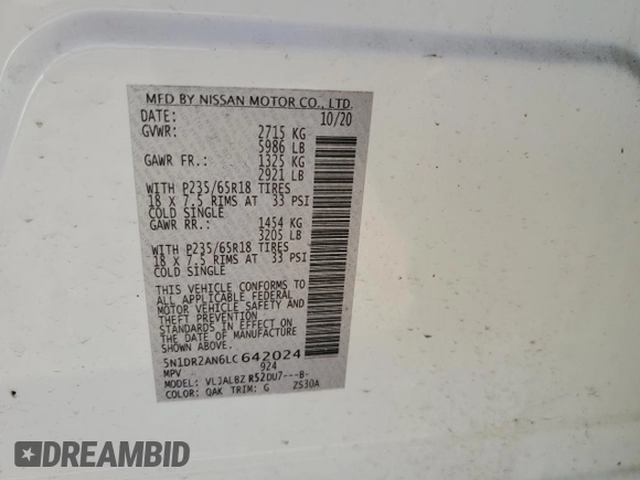 2020 Nissan Pathfinder S with VIN 5N1DR2AN6LC642024, listed as a Copart auction lot 52359035 with 52,252 mi miles and Clean title. Bid and sale history available at DreamBid. Image 13.