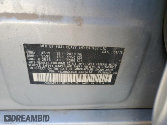 2015 Subaru Legacy Limited with VIN 4S3BNAJ6XF3062614, listed as a Copart auction lot 46528785 with 130,540 mi miles and Salvage Title. Bid and sale history available at DreamBid. Image 14.