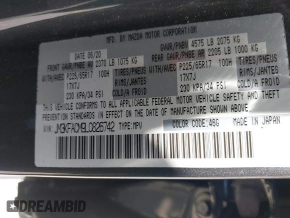 2020 Mazda CX-5 Touring with VIN JM3KFACM9L0826742, listed as a IAAI auction lot 41903755 with 73,409 mi miles and . Bid and sale history available at DreamBid. Image 9.