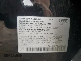2021 Audi SQ5 Premium Plus with VIN WA1B4AFY9M2022325, listed as a Copart auction lot 50020205 with 57,836 mi miles and Salvage Title. Bid and sale history available at carsss.com. Image 13.