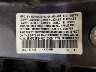 2019 Honda Civic Sedan EX with VIN 19XFC1F34KE016558, listed as a Copart auction lot 46137825 with 0 mi miles and Salvage Title. Bid and sale history available at carsss.com. Image 12.