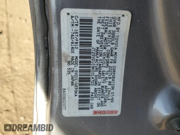 1989 Toyota Camry z VIN JT2SV21E8K0314703, wystawiony jako Copart lot #76053194 z przebiegiem 124 873 mil mil oraz Nie do naprawy • Non repairable. Historia ofert i sprzedaży dostępna na DreamBid. Obrazek 12.