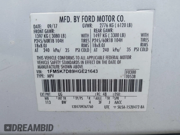 2017 Ford Explorer XLT with VIN 1FM5K7D89HGE21643, listed as a IAAI auction lot 42080182 with 125,437 mi miles and . Bid and sale history available at carsss.com. Image 9.