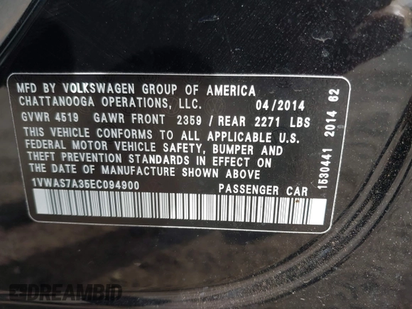 2014 Volkswagen Passat Wolfsburg Edition with VIN 1VWAS7A35EC094900, listed as a IAAI auction lot 42061090 with 115,897 mi miles and . Bid and sale history available at DreamBid. Image 9.
