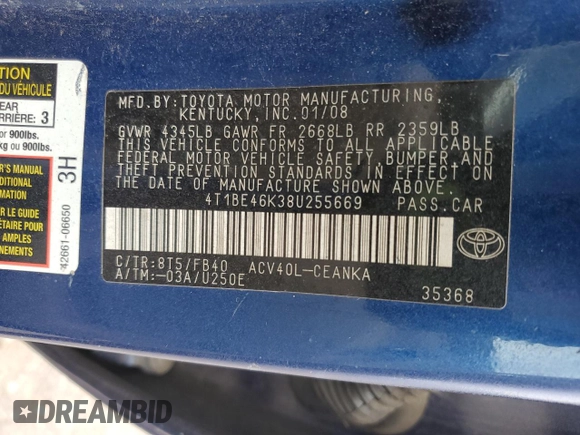 2008 Toyota Camry LE with VIN 4T1BE46K38U255669, listed as a Copart auction lot 51580865 with 172,872 mi miles and Salvage Title. Bid and sale history available at carsss.com. Image 12.
