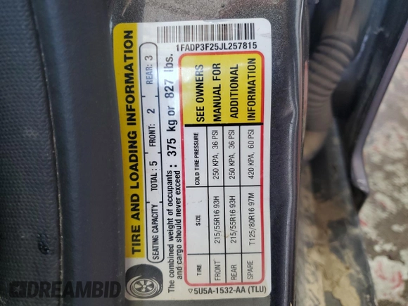 2018 Ford Focus SE z VIN 1FADP3F25JL257815, wystawiony jako Copart lot #61978045 z przebiegiem 62 328 mil mil oraz Szkoda całkowita • Salvage title. Historia ofert i sprzedaży dostępna na DreamBid. Obrazek 13.