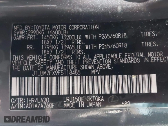 2015 Lexus GX 460 with VIN JTJBM7FX9F5118485, listed as a IAAI auction lot 41599585 with 106,355 mi miles and . Bid and sale history available at carsss.com. Image 9.