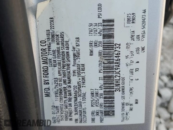 2010 Lincoln MKZ с VIN 3LNHL2JC9AR646732, выставлен на аукционе Copart как лот 60284575 с пробегом Не указан миль и Чистый • Clean title. История ставок и продаж доступна на DreamBid. Изображение 12.