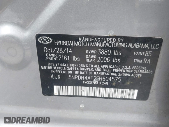 2015 Hyundai Elantra SE with VIN 5NPDH4AE2FH604575, listed as a IAAI auction lot 41915640 with 128,408 mi miles and . Bid and sale history available at DreamBid. Image 9.