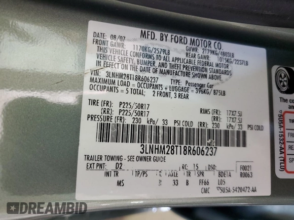 2008 Lincoln MKZ с VIN 3LNHM28T18R606237, выставлен на аукционе Copart как лот 60842745 с пробегом 56 429 миль миль и Списание • Salvage title. История ставок и продаж доступна на DreamBid. Изображение 12.