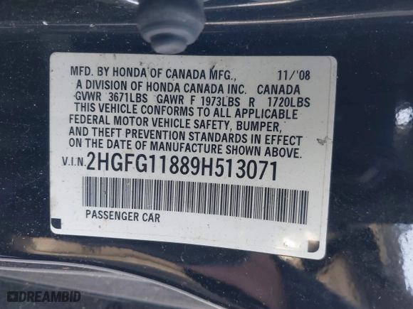 2009 Honda Civic Cpe EX with VIN 2HGFG11889H513071, listed as a IAAI auction lot 41233682 with 148,404 mi miles. Bid and sale history available at carsss.com. Image 9.