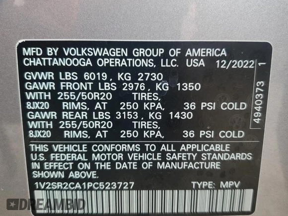 2023 Volkswagen Atlas SEL R-Line Black with VIN 1V2SR2CA1PC523727, listed as a Copart auction lot 58969365 with 27,169 mi miles and Salvage title. Bid and sale history available at DreamBid. Image 14.