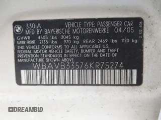 2006 BMW 3 Series 330i with VIN WBAVB33576KR75274, listed as a IAAI auction lot 42199223 with 83,539 mi miles and . Bid and sale history available at carsss.com. Image 9.