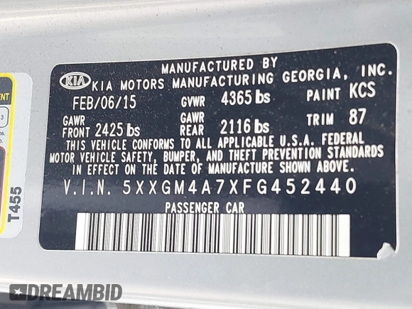 2015 Kia Optima LX with VIN 5XXGM4A7XFG452440, listed as a IAAI auction lot 41917552 with 68,470 mi miles and . Bid and sale history available at DreamBid. Image 9.