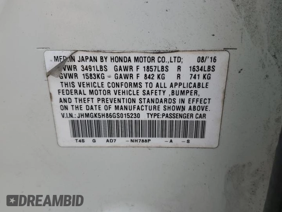2016 Honda Fit EX-L with VIN JHMGK5H86GS015230, listed as a Copart auction lot 45677704 with Not provided miles and . Bid and sale history available at DreamBid. Image 15.