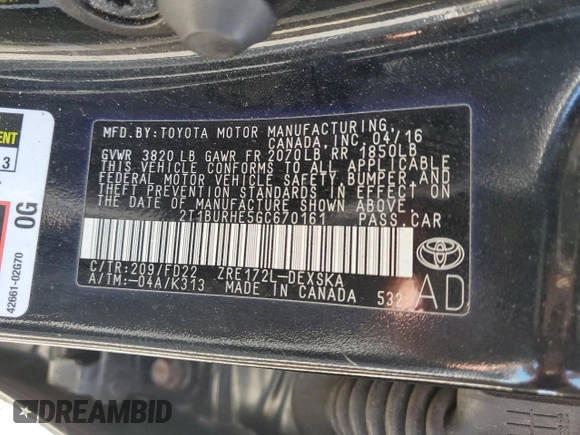 2016 Toyota Corolla L with VIN 2T1BURHE5GC670161, listed as a Copart auction lot 54418075 with 182,772 mi miles and Salvage Title. Bid and sale history available at DreamBid. Image 13.
